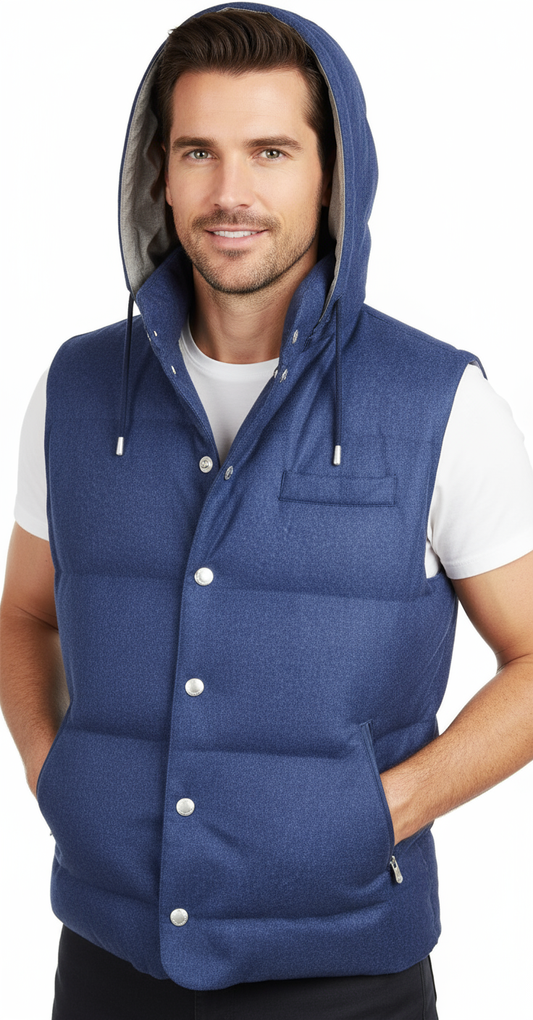 Gilet blu indossato da modello su sfondo bianco