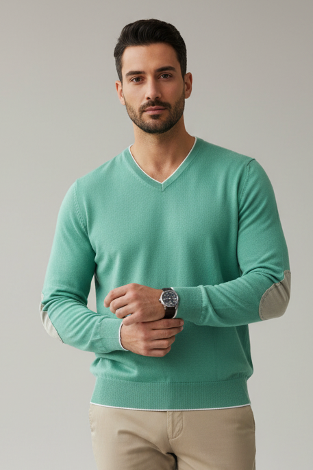 Maglia uomo Gran Sasso con scollo a V in cotone verde acqua, con toppe in contrasto, Made in Italy, moda uomo.