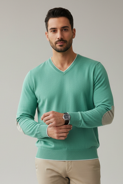 Maglia uomo Gran Sasso con scollo a V in cotone verde acqua, con toppe in contrasto, Made in Italy, moda uomo.