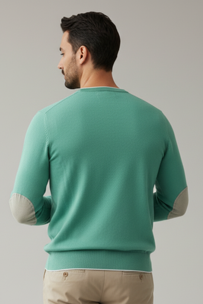 Maglia uomo Gran Sasso scollo a V in cotone verde acqua con toppe in contrasto, made in Italy, abbigliamento moda uomo.