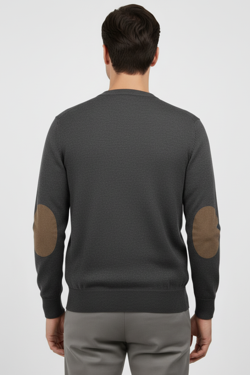 Maglia uomo Gran Sasso in lana vergine grigia con bottoni e toppe, moda uomo, abbigliamento made in Italy.