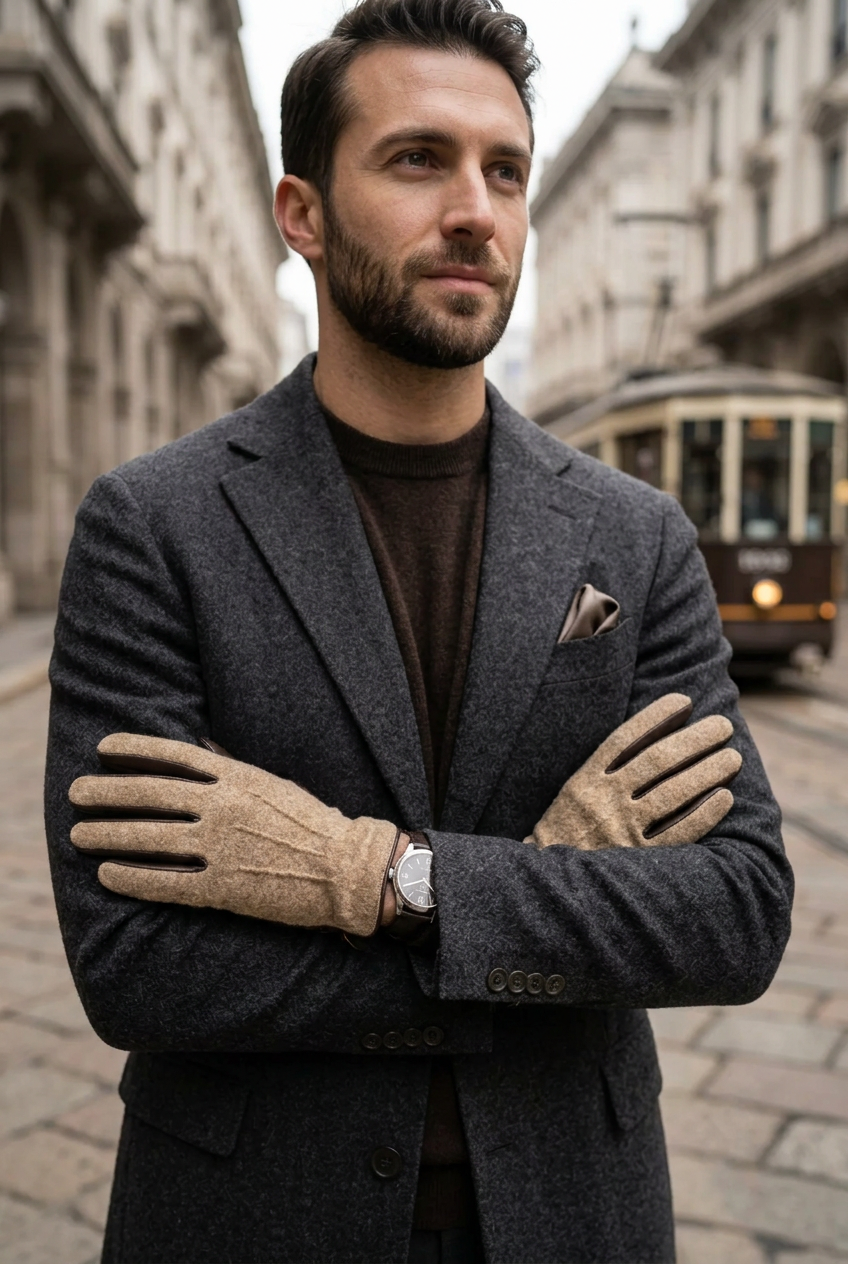 I guanti da uomo Montezemolo in vera pelle e lana aggiungono carattere ai tuoi look nelle giornate fredde. L’abbinamento testa di moro e cammello offre un’eleganza discreta, facile da accostare a un cappotto sartoriale o a una giacca casual. Indossati da modello.