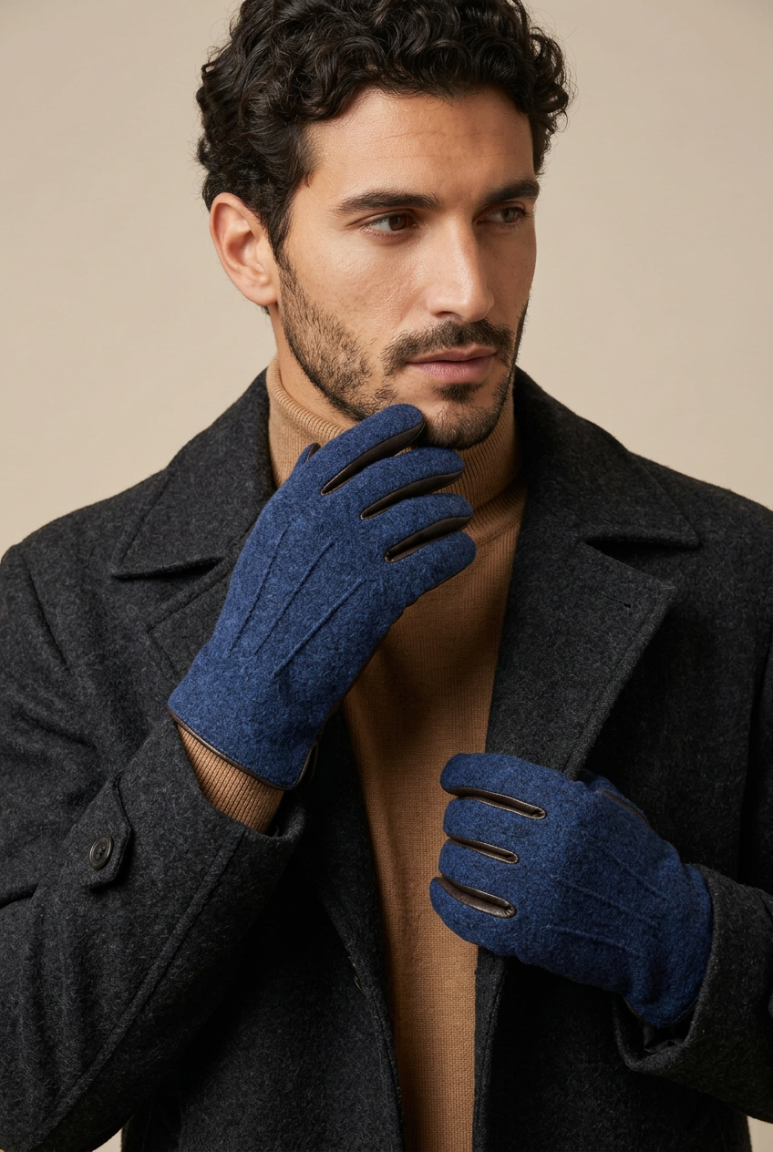 I guanti da uomo Montezemolo in vera pelle e lana aggiungono carattere ai tuoi look nelle giornate fredde. L’abbinamento testa di moro e blu offre un’eleganza discreta, facile da accostare a un cappotto sartoriale o a una giacca casual. indossati