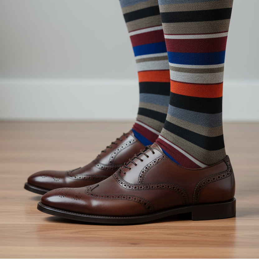 Men's Long Socks - Rooster - Striped Pattern - Multicolor