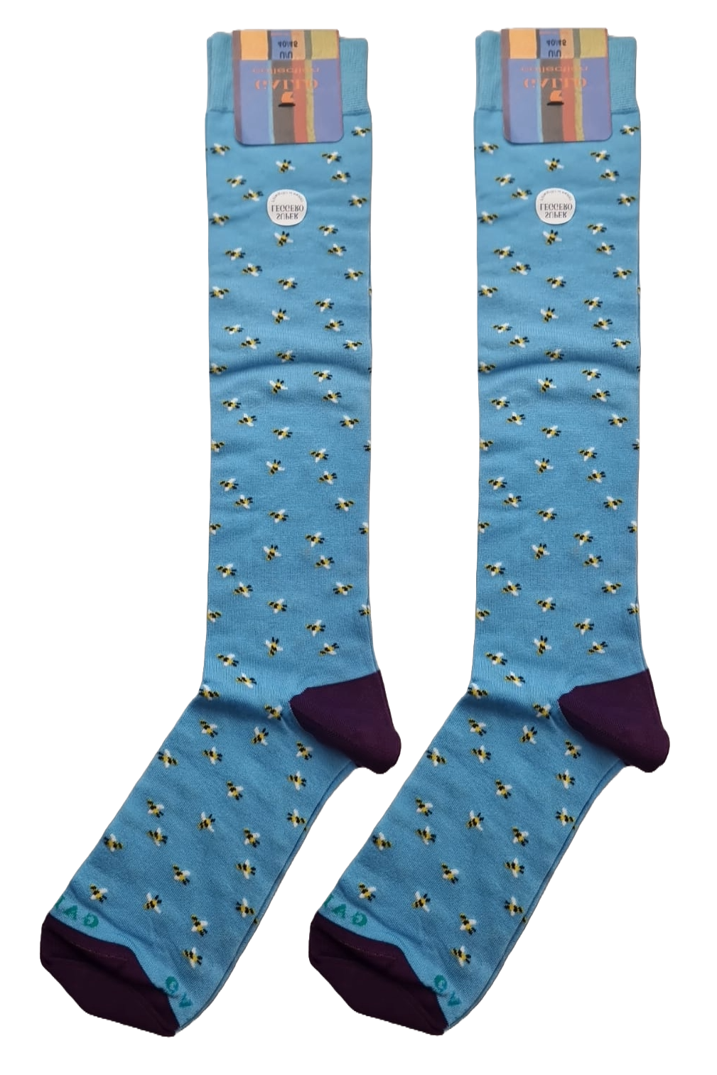 Gallo Men's Long Socks - Small Bee Pattern - Light Blue/Purple