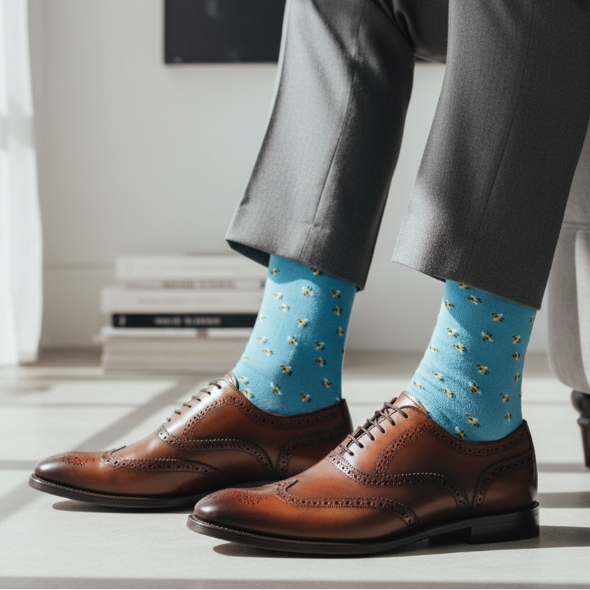 Gallo Men's Long Socks - Small Bee Pattern - Light Blue/Purple