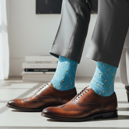 Gallo Men's Long Socks - Small Bee Pattern - Light Blue/Purple