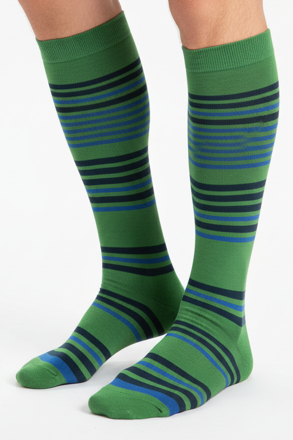 Men's Long Socks - Rooster - Striped Pattern - Multicolor Green