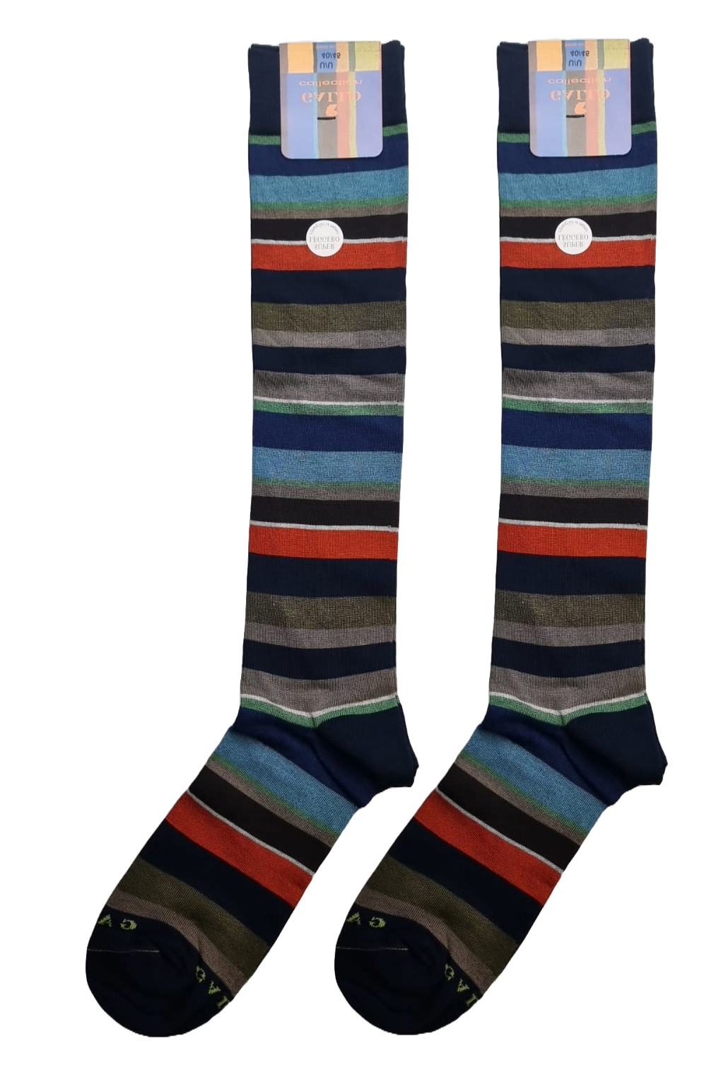 Gallo Men's Long Socks - Superlight Cotton - Navy Blue Multicolor Stripes