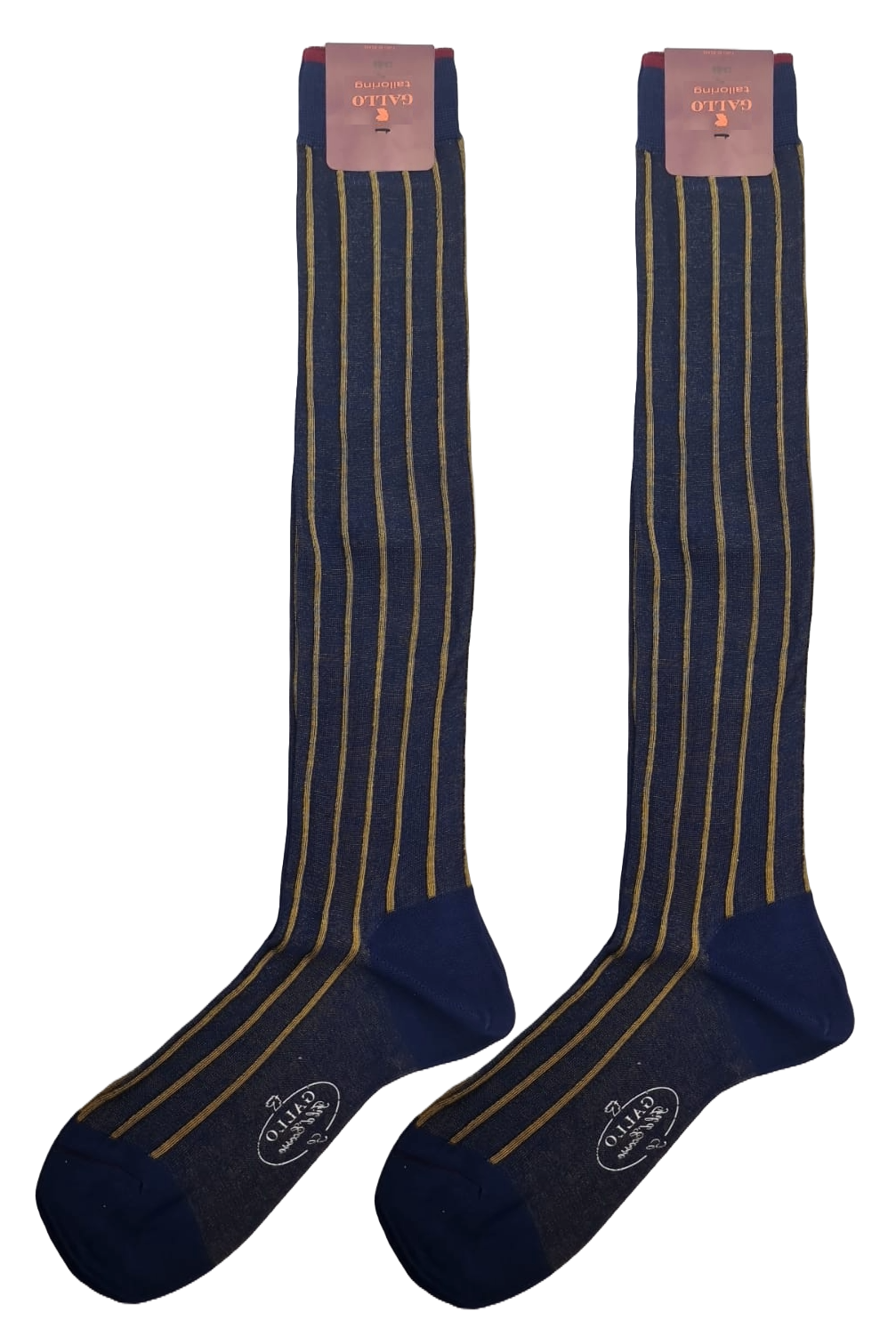 Men's long socks - Rooster - Striped pattern - Ultramarine/gold twin rib spaced