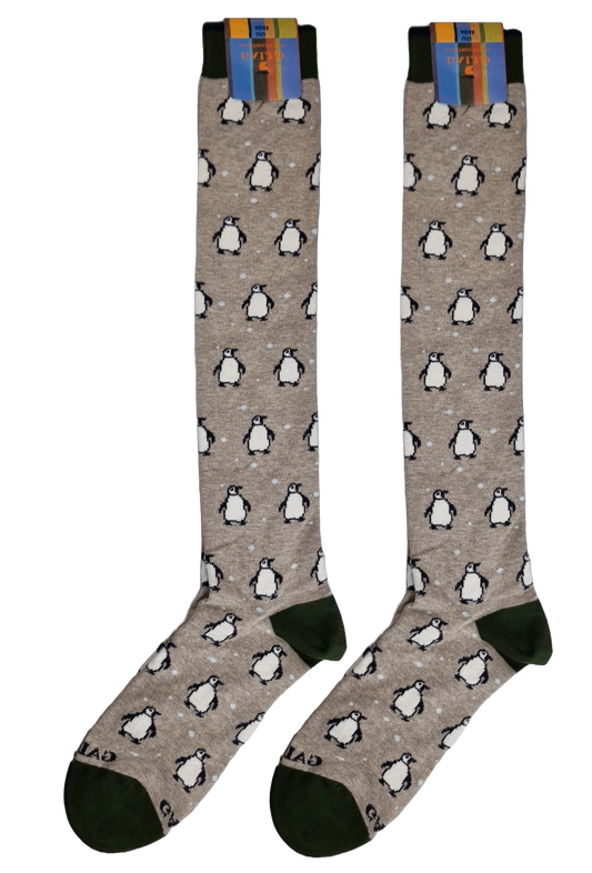 Calze Lunghe Uomo Gallo - Fantasia Pinguini colore biscotto/panna - Made in Italy
