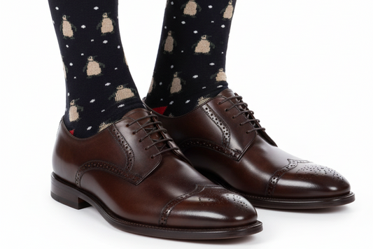 Calze Lunghe Uomo Gallo - Fantasia Pinguini Blu/Beige - Made in Italy