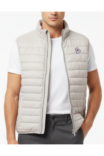 Gilet piumino Invicta da uomo, beige con cappuccio e interno in denim, ideale per abbigliamento casual e outdoor.