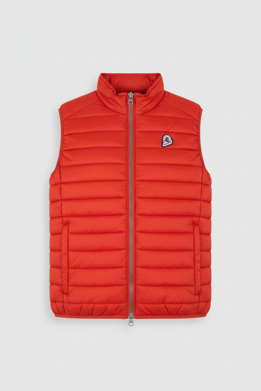 Smanicato uomo Invicta Gilet Piumino ICON rosso con cappuccio, ideale per l'abbigliamento maschile invernale.