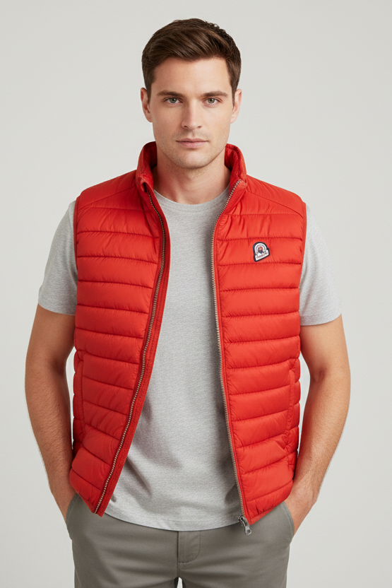 Smanicato uomo Invicta Gilet Piumino ICON con cappuccio rosso, abbigliamento moda uomo, dettaglio frontale.