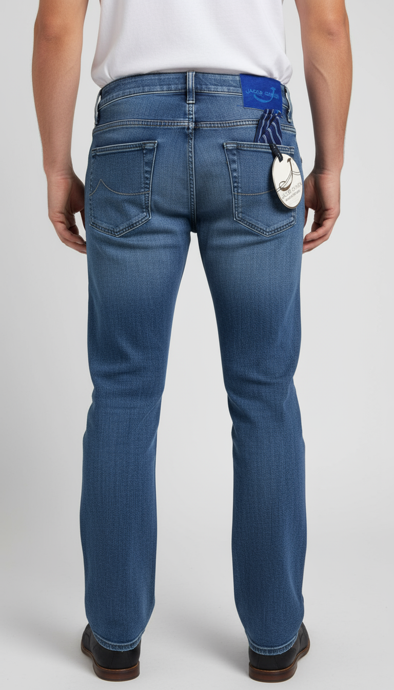 Jeans uomo Jacob Cohen PW688 in denim slavato con cinque tasche, vestibilità comoda e stile casual.