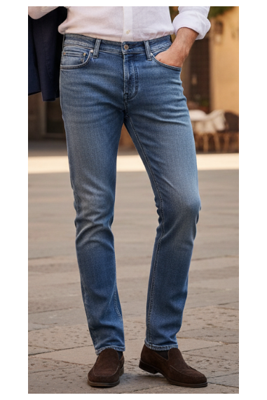 Jeans uomo Jacob Cohen PW688 in denim slavato con 5 tasche, modello comfort, vestibilità classica, elegante e versatile.