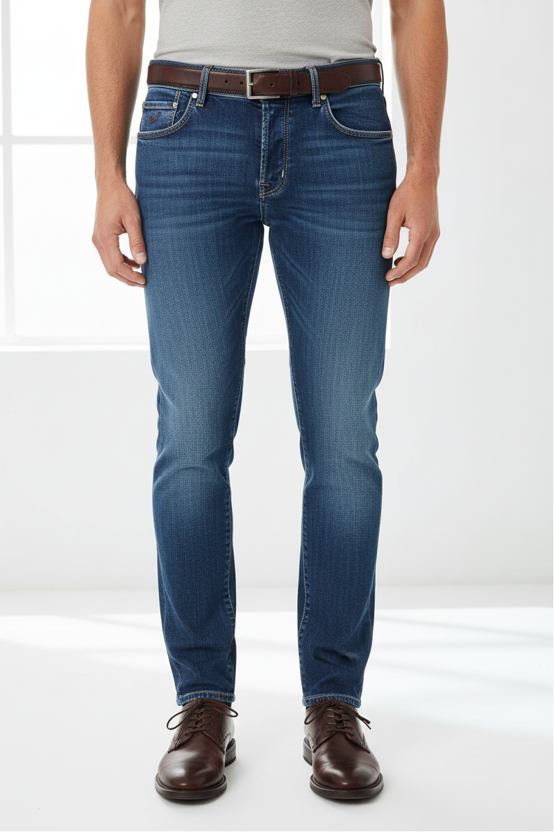 Jeans uomo Jacob Cohen 5 tasche in denim, stile classico e moderno, visibili in tessuto blu con dettagli di cuciture.