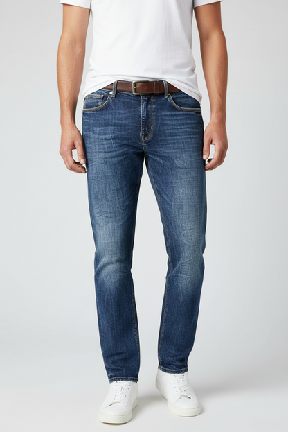 Jeans uomo PT 05 in denim stretch slavato con 5 tasche, abbigliamento moda uomo, dettaglio del tessuto e stile casual.