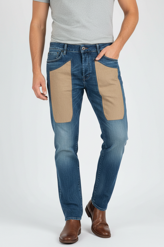 Jeans uomo Jeckerson con toppe alcantara indossato da modello