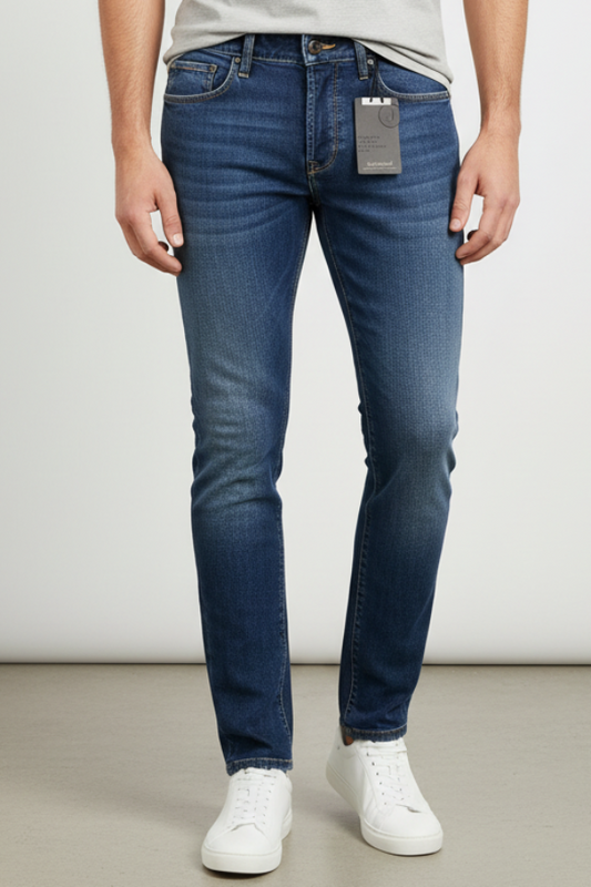 Jeans Uomo Jeckerson Slim Fit Denim Slavato 5 Tasche Stretch Italiano indossato da modello