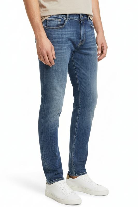 Jeans da uomo PT05 blu denim slavato indossato da modello