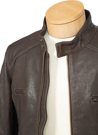 Giubbotto in pelle marrone da uomo L.B.M. 1911, stile classico, con colletto e chiusura frontale, moda uomo abbigliamento.