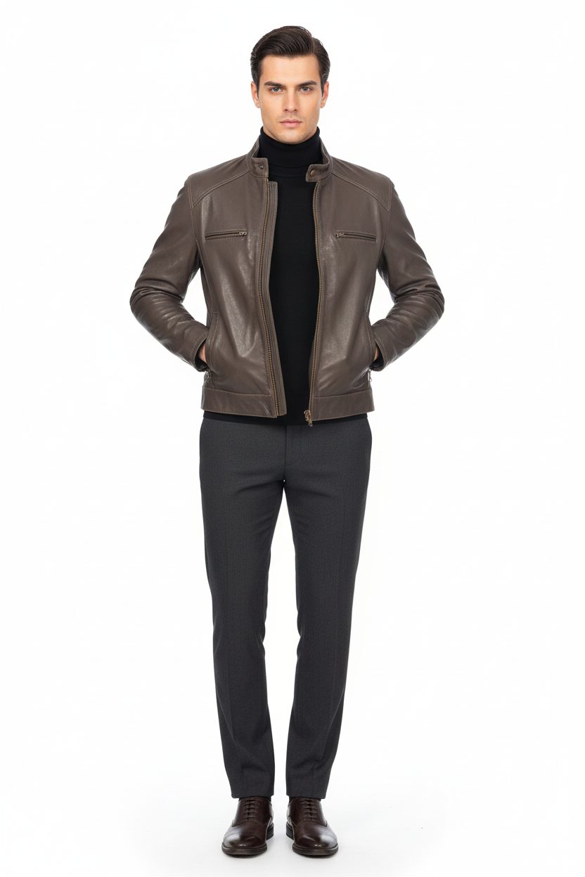 Giubbotto in pelle marrone uomo L.B.M. 1911, giacca moda uomo, dettaglio di stile e cuciture visibili.