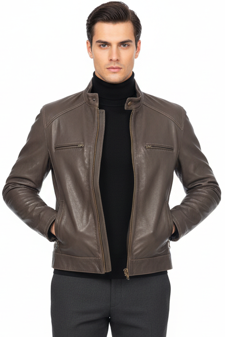 Giubbotto in pelle marrone da uomo L.B.M. 1911, giacca casual con tasche e chiusura lampo, stile moderno e di qualità.
