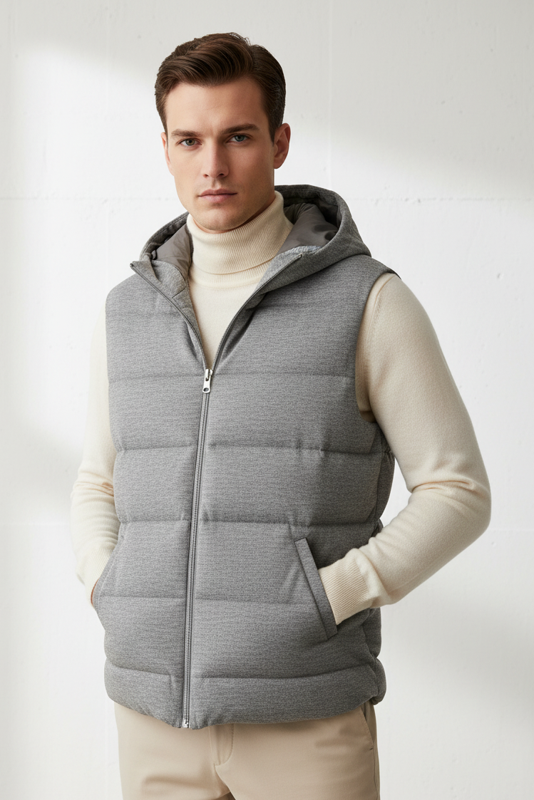 Smanicato uomo La Fileria in lana con cappuccio colore grigio, abbigliamento moda uomo, gilet caldo e comodo.