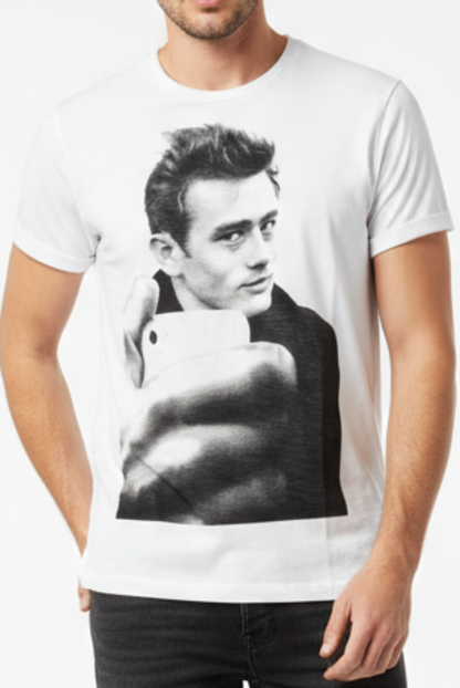 T-shirt uomo Let's Bubble bianca con stampa James Dean, stile streetwear italiano, tessuto morbido e comodo, moda casual.