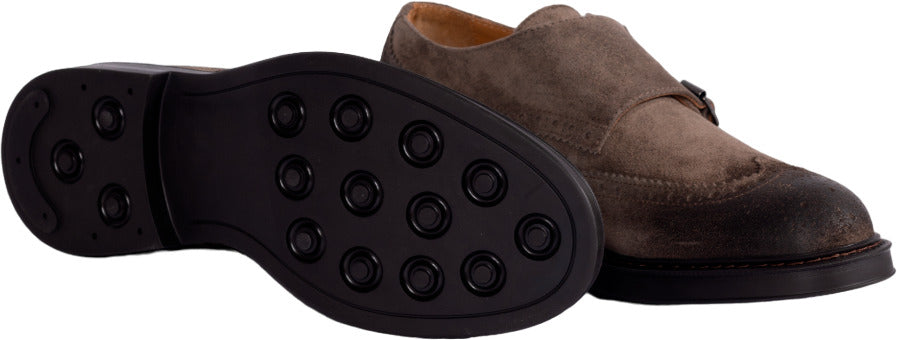 Scarpa uomo Monk Strap Manifatture Etrusche Vivel doppia fibbia colore Karibu, elegante calzatura in stile moda uomo.