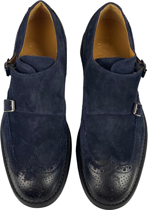 Scarpa uomo Monk Strap Manifatture Etrusche con doppia fibbia, colore blu navy, dettagli eleganti e suola in pelle.