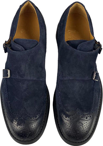 Scarpa uomo Monk Strap Manifatture Etrusche con doppia fibbia, colore blu navy, dettagli eleganti e suola in pelle.