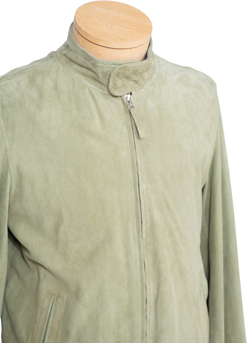 Giubbino in pelle scamosciata verde uomo Minoronzoni 1953, giacca moda con tasche e chiusura frontale.