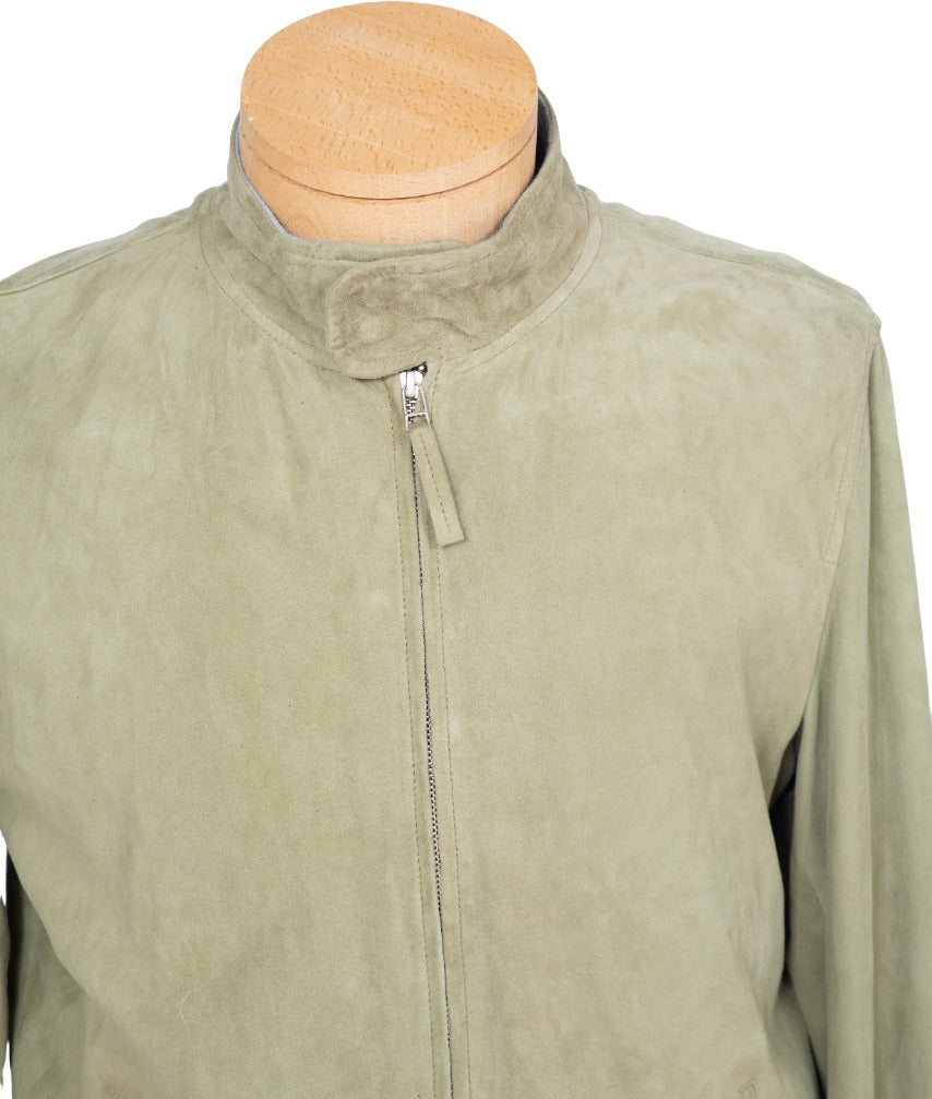 Giubbino in pelle scamosciata verde uomo Minoronzoni 1953, giacca elegante e casual, dettaglio in pelle e vestibilità comoda.