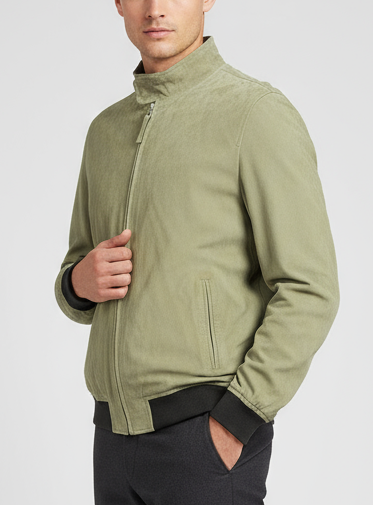 Giubbino in pelle uomo Minoronzoni 1953, giacca verde in pelle scamosciata, abbigliamento moda uomo.