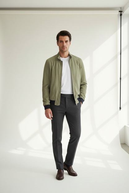 Giubbino in pelle scamosciata verde da uomo Minoronzoni 1953, giacca di moda con dettagli eleganti.