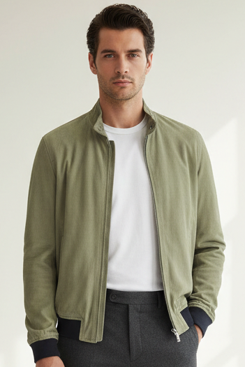 Giubbino in pelle scamosciata verde da uomo Minoronzoni 1953, abbigliamento moda, dettaglio di giacca XL.