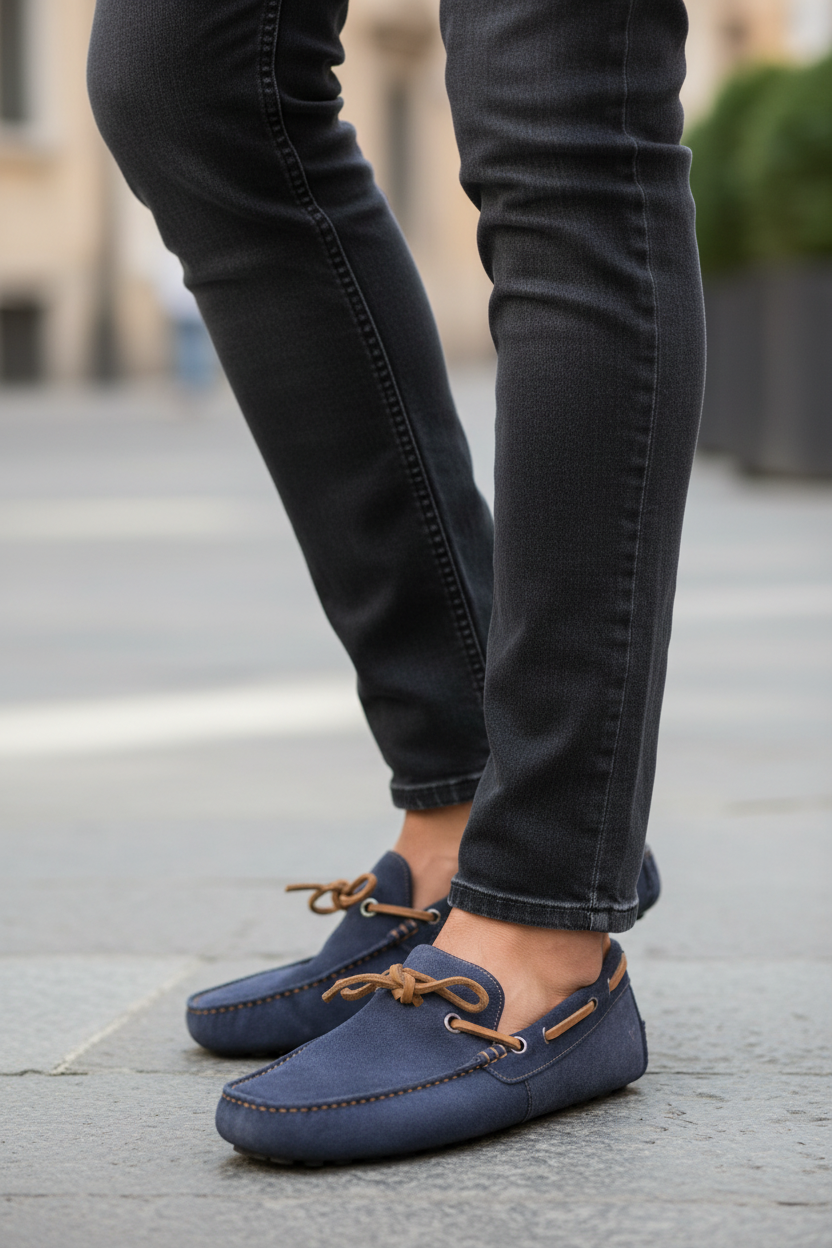 Mocassini blu navy indossati