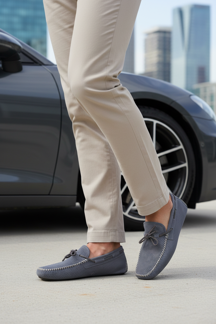 Mocassini grigi indossati