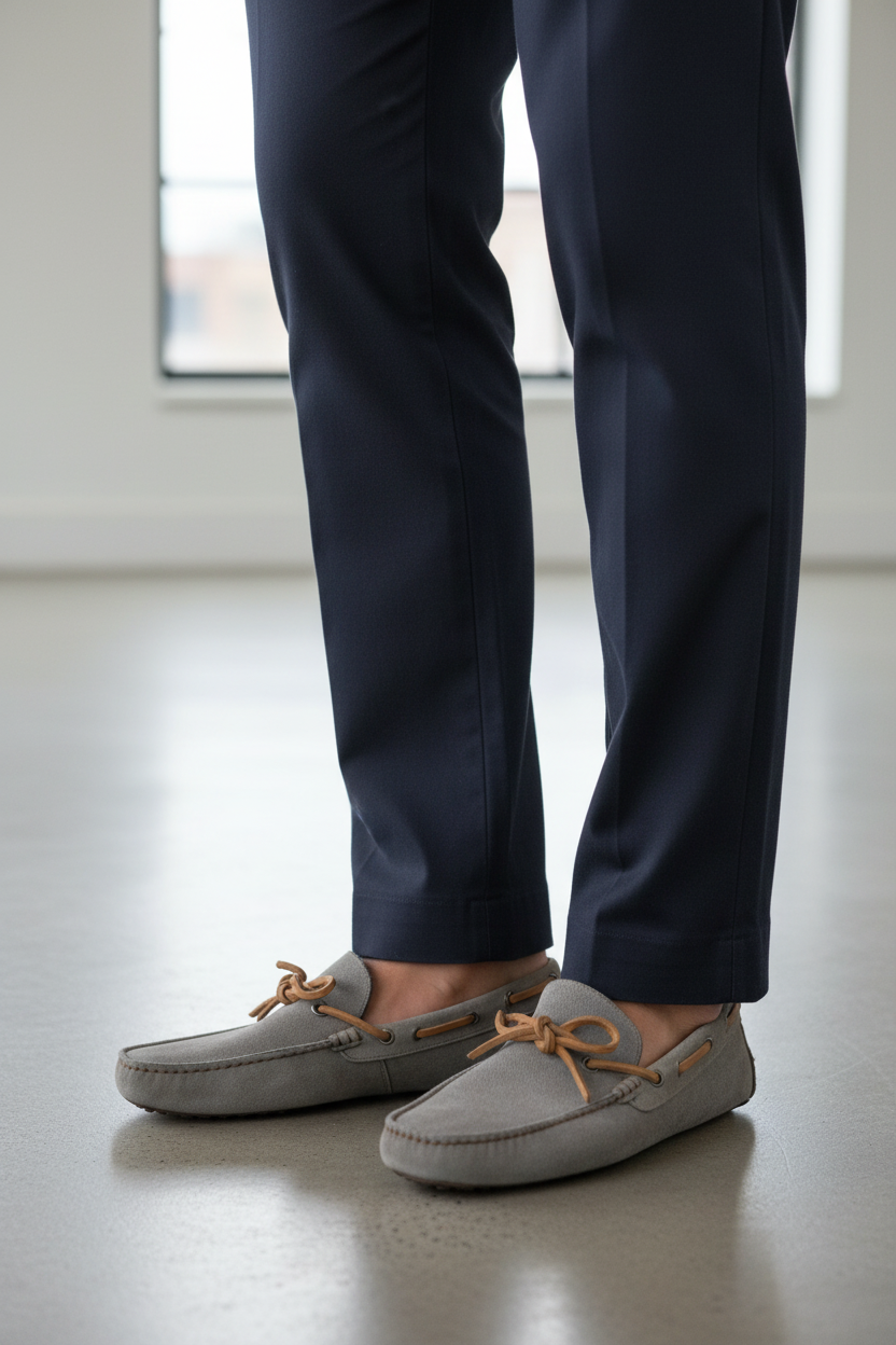 Mocassini grigi indossati