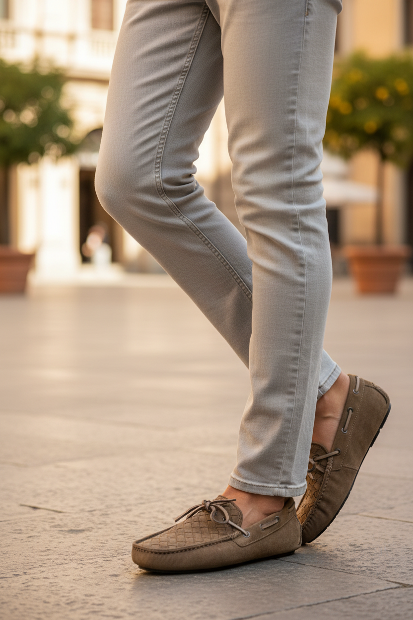 Mocassini intrecciati beige indossati