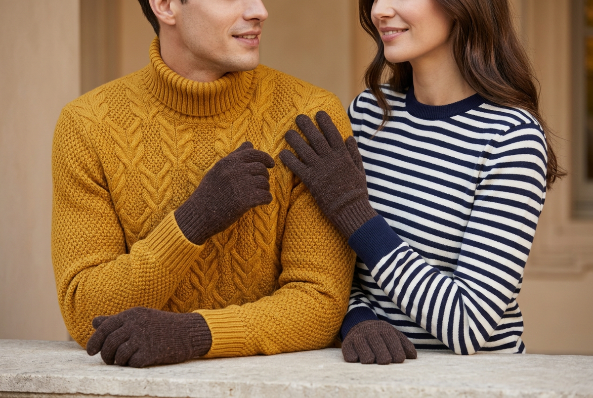 Modello e modella con guanti marroni e maglie del catalogo Coutur.it