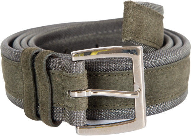 Cintura da uomo Orciani Amalfi in suede e nylon color loden e antracite, accessorio moda uomo.