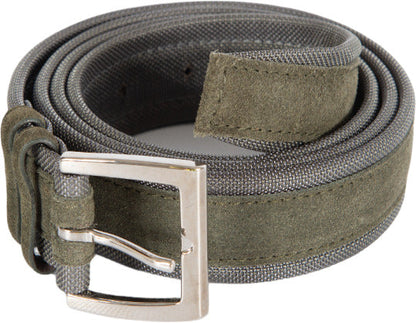 Cintura uomo Orciani Amalfi in suede e nylon, colore Loden e antracite, accessorio moda uomo con fibbia in metallo.
