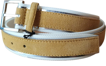 Cintura uomo Orciani Amalfi in suede e tessuto color curry bianco argento, accessorio moda uomo elegante e di stile