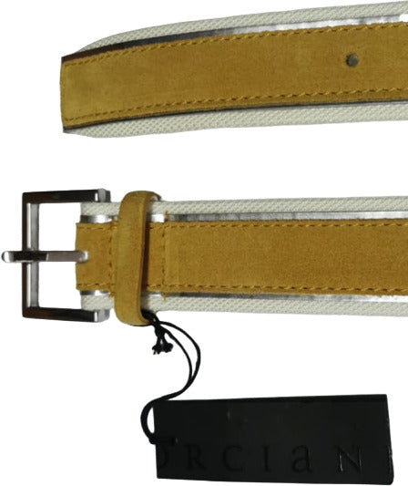 Cintura uomo Orciani Amalfi in suede e tessuto color curry bianco e argento, accessorio moda uomo elegante e di qualità