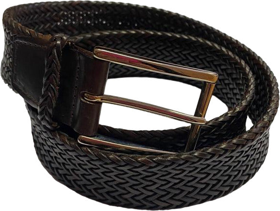 Cintura uomo Orciani in pelle intrecciata color testa di moro, accessori moda uomo, con fibbia metallica.