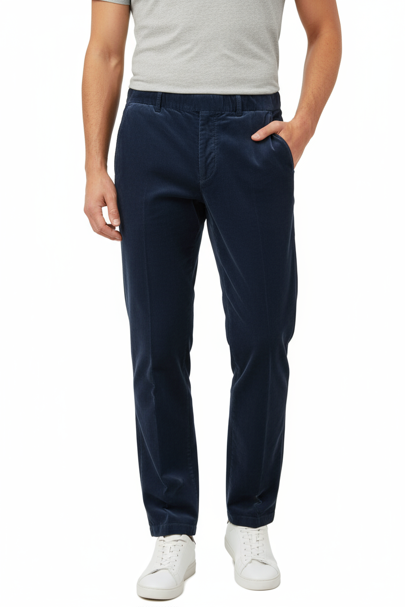 Pantaloni in velluto blu indossati da modello